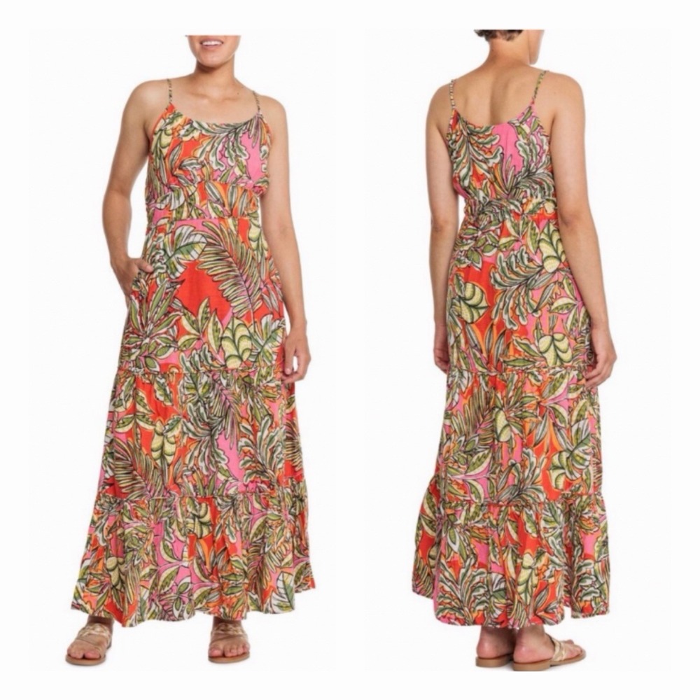 C&C California Linen Blend Maxi Dress Tropical Print Sundress Boho Resort Size L